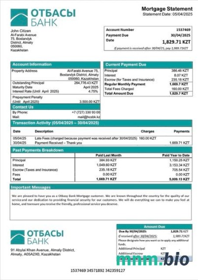 Kazachstan Bank Otbasy wyciąg z kredytu hipotecznego szablon Word i PDF